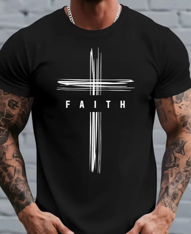 Men'S Short-Sleeve Round Neck T-Shirt Featuring A Creative Print of A Camo Cross with Deer Antlers, Fish, and An Anchor T-Shirt