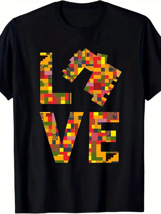 Trendy Men's Black Graphic T-Shirt Love Afro Hair Kente Pattern Bold Letter Print Colorful Geometric Block Design 100% Cotton Heavyweight Short Sleeve Casual Streetwear Tee