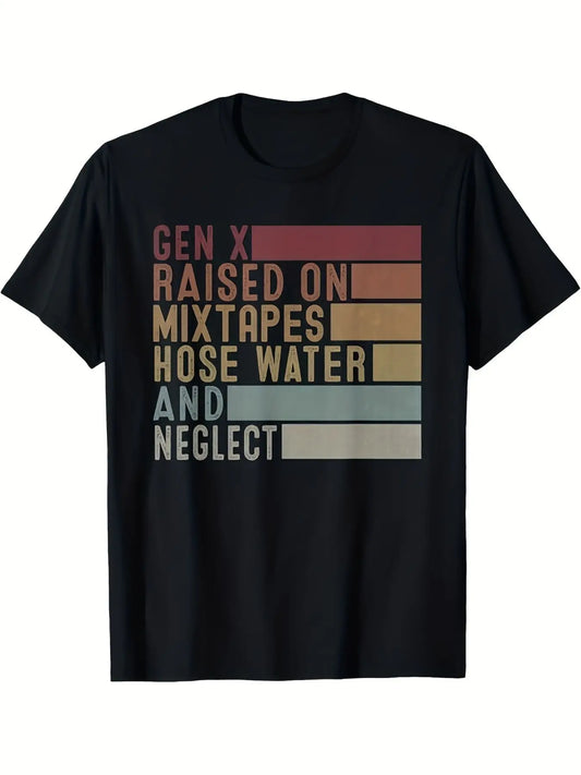 Vintage Men's Black Graphic T-Shirt Gen X Raised on Mixtapes Hose Water and Neglect Distressed Retro Letter Print 100% Cotton Heavyweight Short Sleeve Casual Streetwear Tee