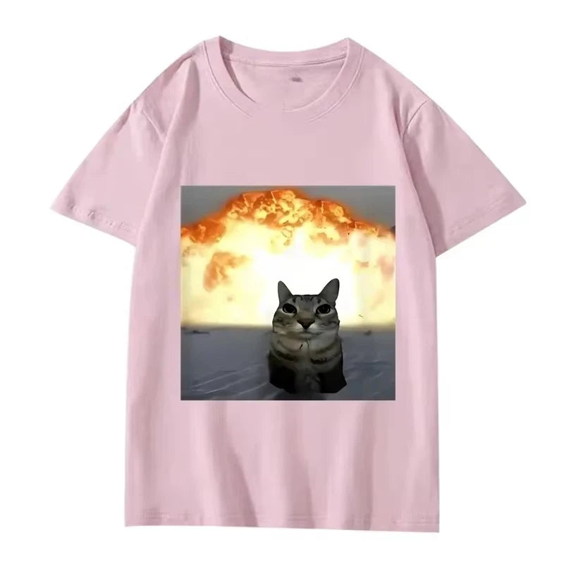 Whimsical Cat Explosion Graphic T Shirt Men Women Funny Hot Sale Short Sleeve Summer Print Unisex Tops Hot Emoji Printed