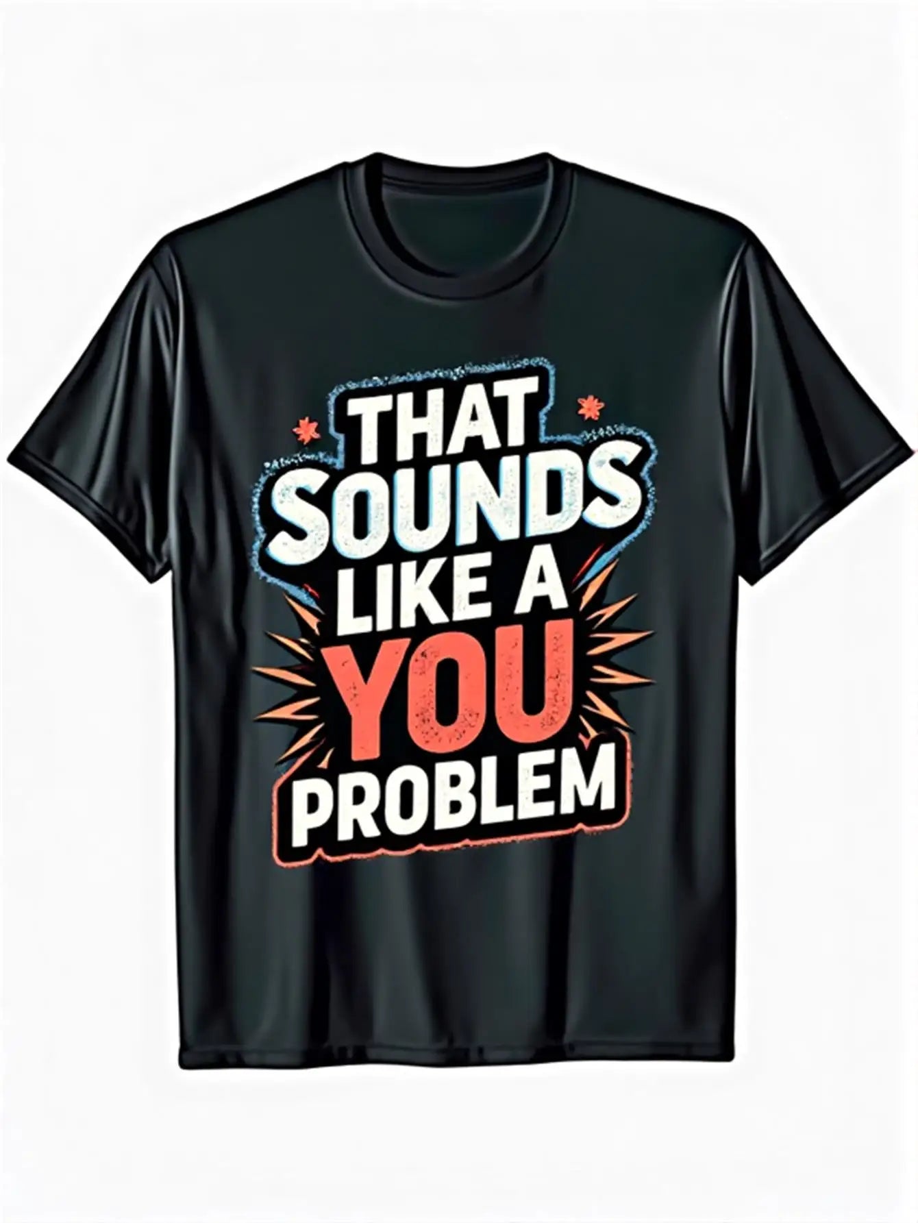 Funny Men's Black Graphic T-Shirt That Sounds Like a You Problem Bold Letter Print Slogan Starburst Distressed Typography 100% Cotton Heavyweight Short Sleeve Casual Streetwear Tee