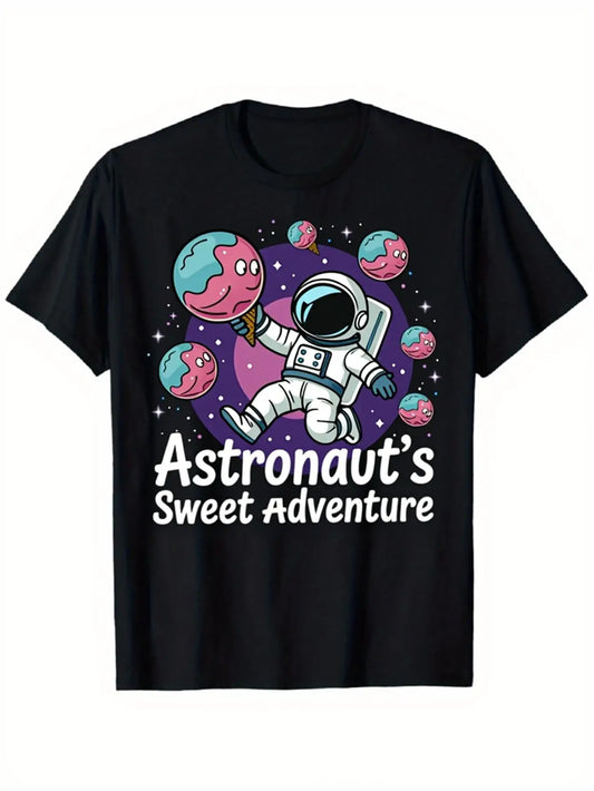Trendy Men's Black Graphic T-Shirt Astronaut Space Planets Stars Sweet Adventure Bold Letter Print 100% Cotton Heavyweight Short Sleeve Casual Streetwear Tee