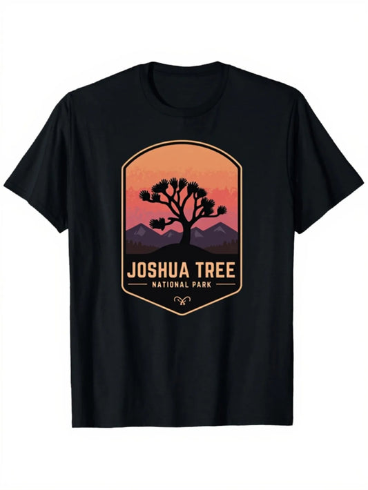 Vintage Men's Black Graphic T-Shirt Desert Tree Mountain Sunset National Park Travel Badge Retro Typography 100% Cotton Heavyweight Short Sleeve Casual Streetwear Tee