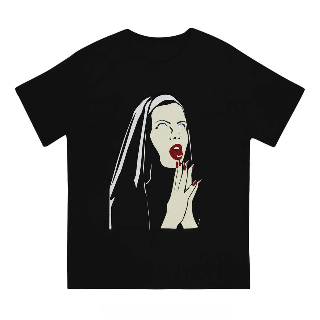 HOT SALE Cartoon Nun No Religion with Brooch Man T Shirt Satan Church Anton Lavie Satan Mystery Goth T Shirt Classic Girl Top