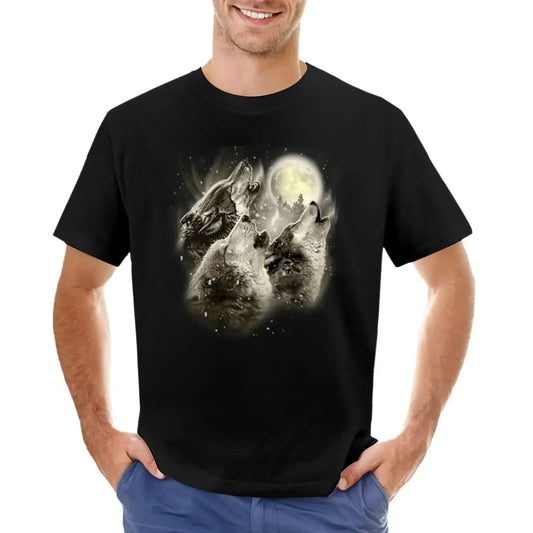 Three Wolves Howling in Moonlight T-Shirt Boys Animal Print Vintage Mens Tall T Shirts Men Customized T-Shirts for Men HOT SALE