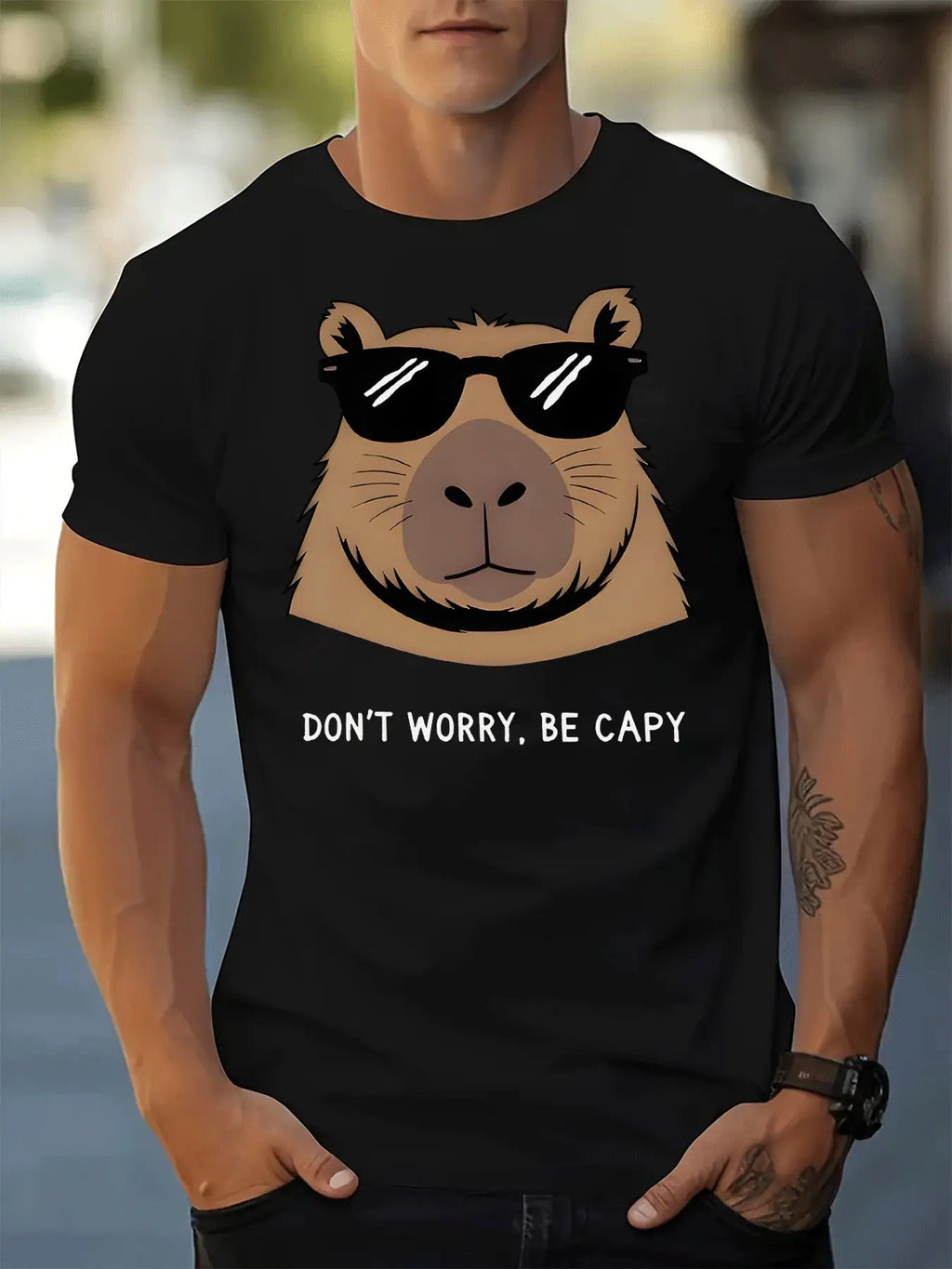 Men's Capybara in Fashion Glasses Graphic T-Shirt - Casual Short Sleeve Capybara Face Print Tee for Streetwear & Gym, Regular Fit Round Neck Shirt for Year-Round Wear (Machine Washable) - Funny Animal Outfit for Adults
