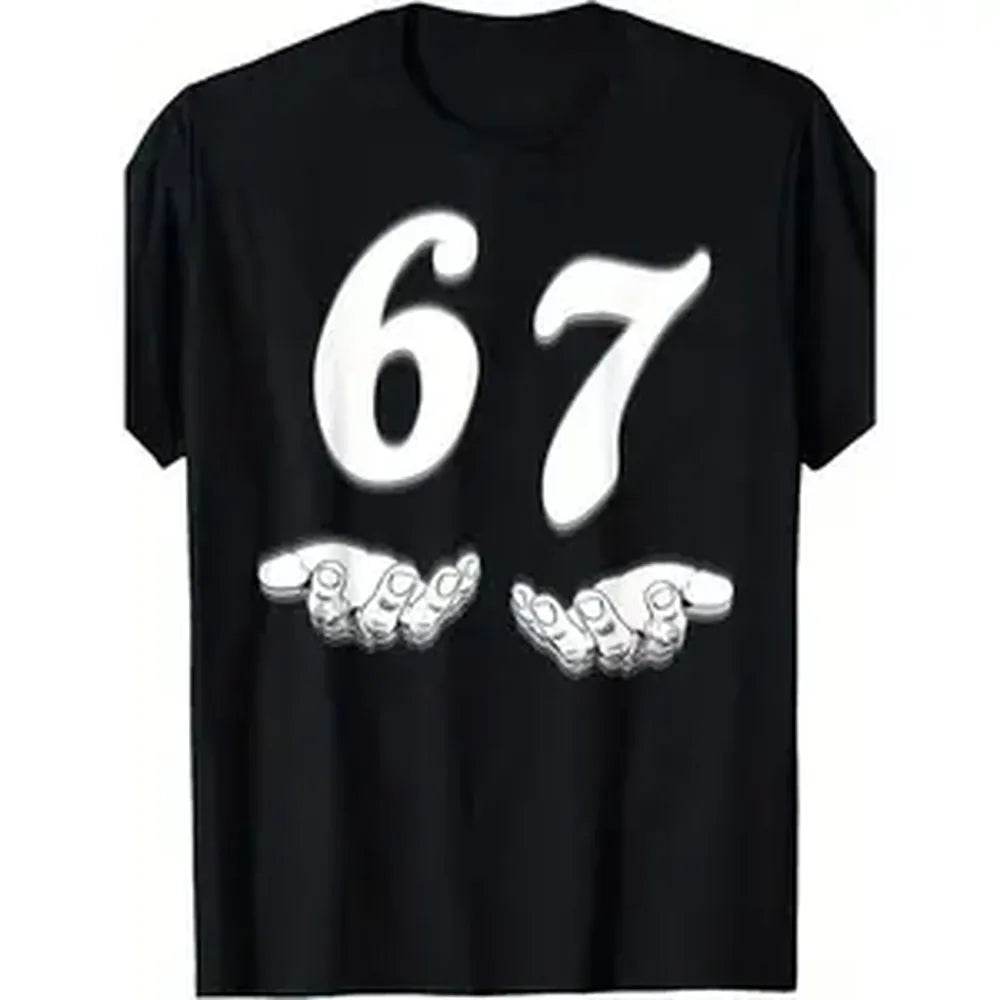 Funny 67 Meme Hands Graphic T Shirt Men Smooth Cotton Crew Neck Short Sleeve Loose Fit Casual Sport Tee Breathable All Season Birthday Gift Black Top