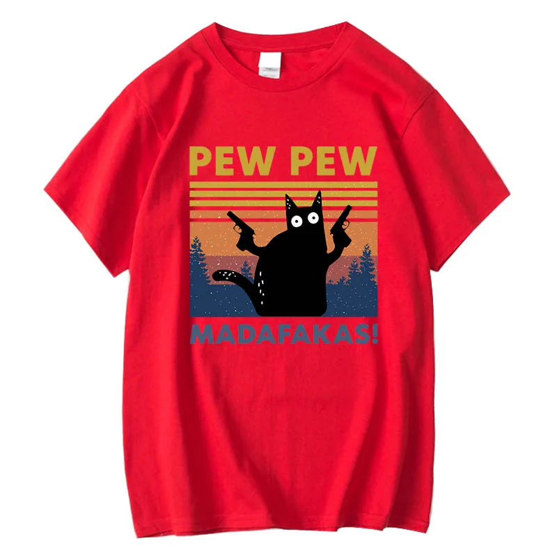 Pew Pew Madafakas T-shirt Men Short Sleeve Novelty Funny Cat T Shirt Cotton Loose Tops Shirts Tee T-Shirt Crew Neck Streetwear