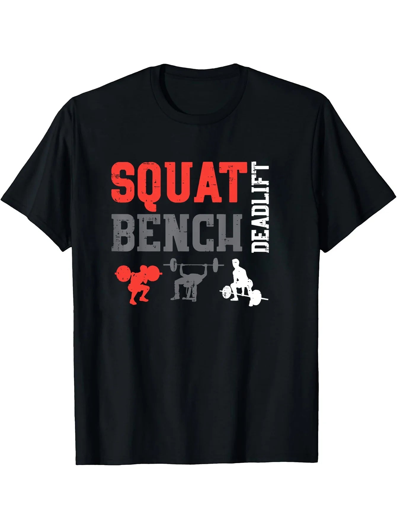 Men'S "Squat Bench Deadlift" Graphic T-Shirt - Black Casual Fitness Tee with Weightlifting Icons, Perfect for Gym & Workout Enthusiasts, All-Season Comfort, Gym Tee | Bold Lettering | Knitted Texture