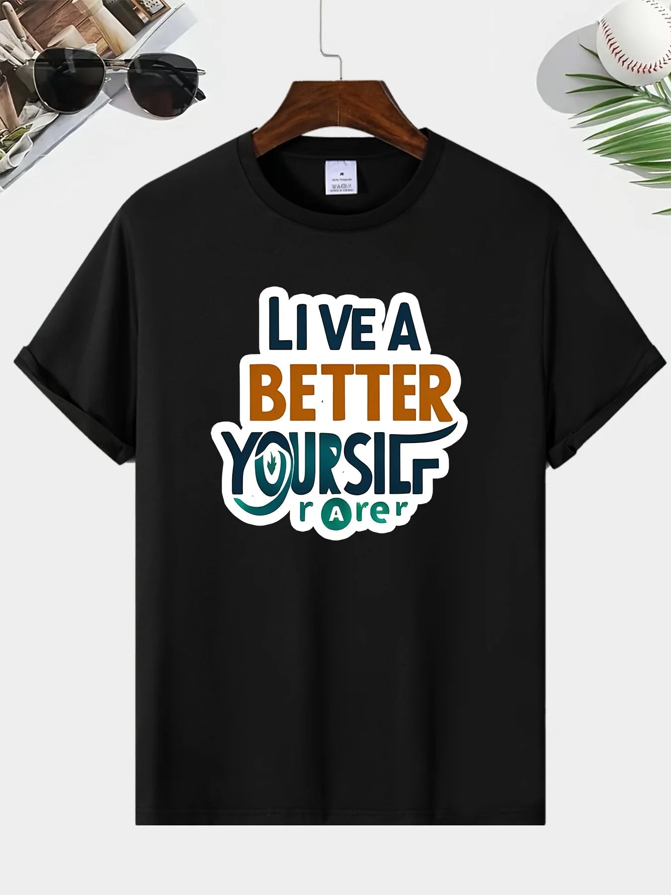 Trendy Men's Black Graphic T-Shirt Live a Better Yourself Slogan Bold Typography Layered Letter Print Motivational Statement Design 100% Cotton Heavyweight Short Sleeve Casual Streetwear Tee