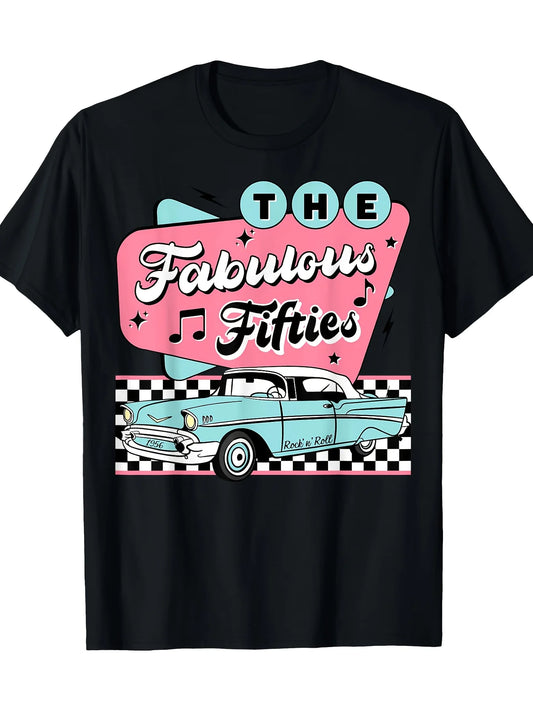 1950s Rockabilly Vintage T-Shirt for Men and Women - The Fabulous Fifties Graphic Tee, 100%, Short Sleeve, Round Neck, Black with Pink & Light Blue Design, Casual Retro Style, Classic Retro Style, Round Neck Short Sleeves, Machine Washable