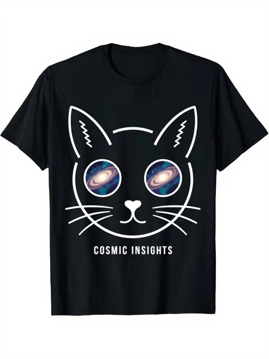 Trendy Men's Black Graphic T-Shirt Cosmic Cat Face Galaxy Eyes Whisker Outline Cosmic Insights Slogan Retro Space Illustration 100% Cotton Heavyweight Short Sleeve Casual Streetwear Tee