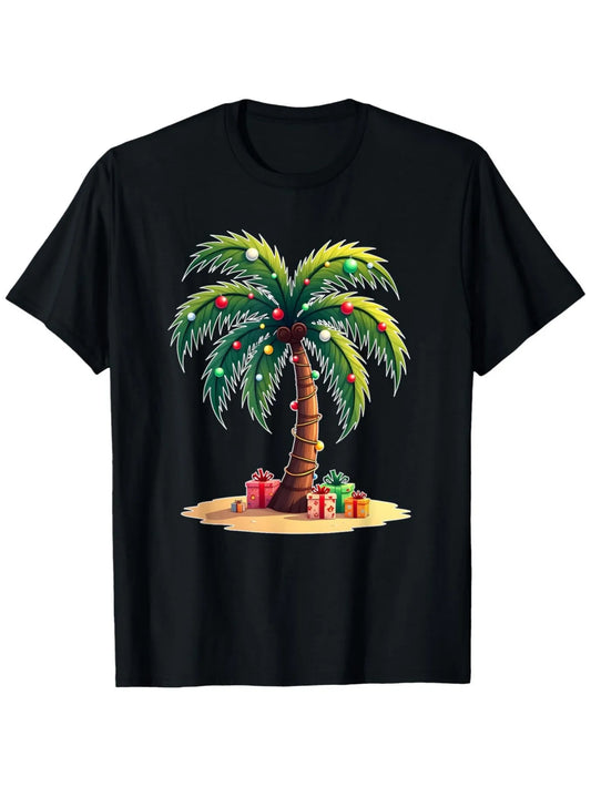 Vacation Men's Black Graphic T-Shirt Palm Tree Sandy Island Colorful Lights Wrapped Trunk Gift Boxes Holiday Tropical Print 100% Cotton Heavyweight Short Sleeve Casual Streetwear Tee
