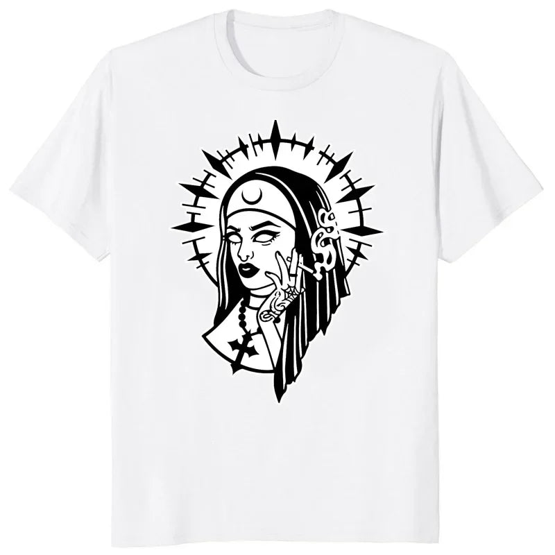 HOT SALE Cartoon Nun No Religion with Brooch Man T Shirt Satan Church Anton Lavie Satan Mystery Goth T Shirt Classic Girl Top