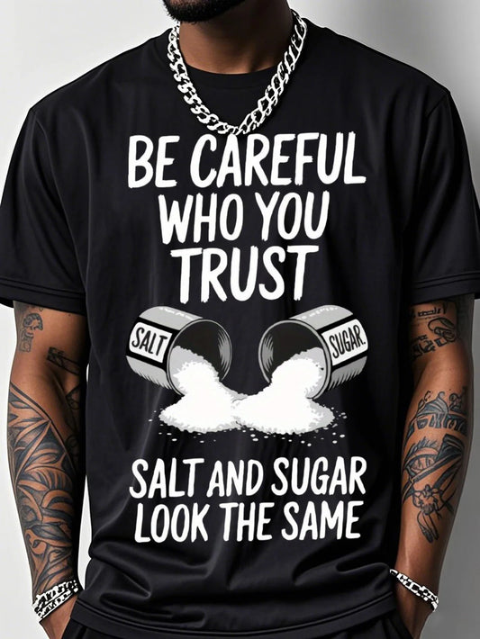 Outdoor Fitness T-shirt, Salt Pattern Print, Beware of Those You Trust, Casual Short-sleeve Round-neck Top, Breathable Stretch Fabric, for Teenager