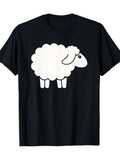Funny Men's Black Graphic T-Shirt Cute White Sheep Lamb Animal Cartoon Farm Illustration Minimalist Line Art Print 100% Cotton Heavyweight Short Sleeve Casual Streetwear Tee