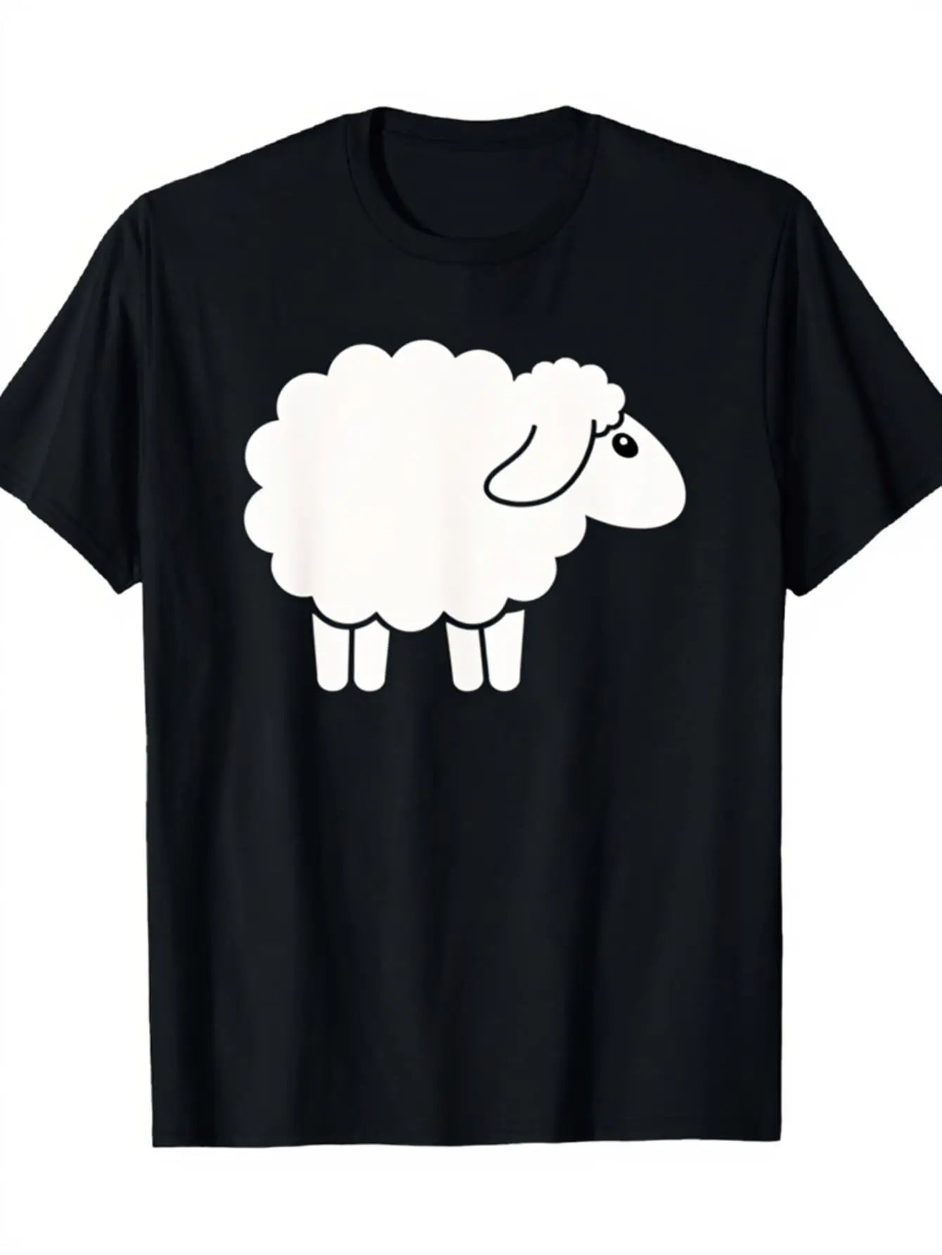 Funny Men's Black Graphic T-Shirt Cute White Sheep Lamb Animal Cartoon Farm Illustration Minimalist Line Art Print 100% Cotton Heavyweight Short Sleeve Casual Streetwear Tee