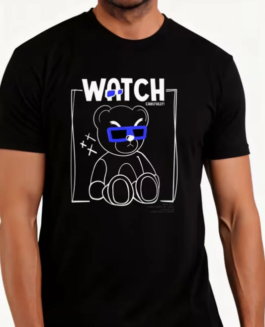 Casual Style Men'S T-Shirt Bear with Glasses Watch Carefully Graphic Summer Wear Gift for Him T-Shirt