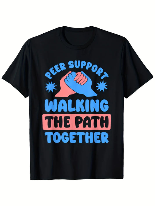 Casual Men's Black Graphic T-Shirt Peer Support Walking the Path Together Handshake Bold Letter Print 100% Cotton Heavyweight Short Sleeve Casual Streetwear Tee