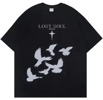 Trendy Lost Soul Dove Print T Shirt for Men Women Oversized Casual Short Sleeve Cotton Blend Tee Streetwear Fashion Top Clothing