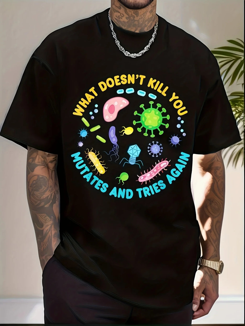 Men'S Funny Biology T-Shirt - "What Doesn'T Mutate And Try Again" Virus Graphic - Large L (3XL/4XL/5XL) - Heavyweight 220Gsm Science Humor Tee - Funny Biology Gifts for Scientists, Students, Virus Warriors - Everyday Casual Shirt for Biology