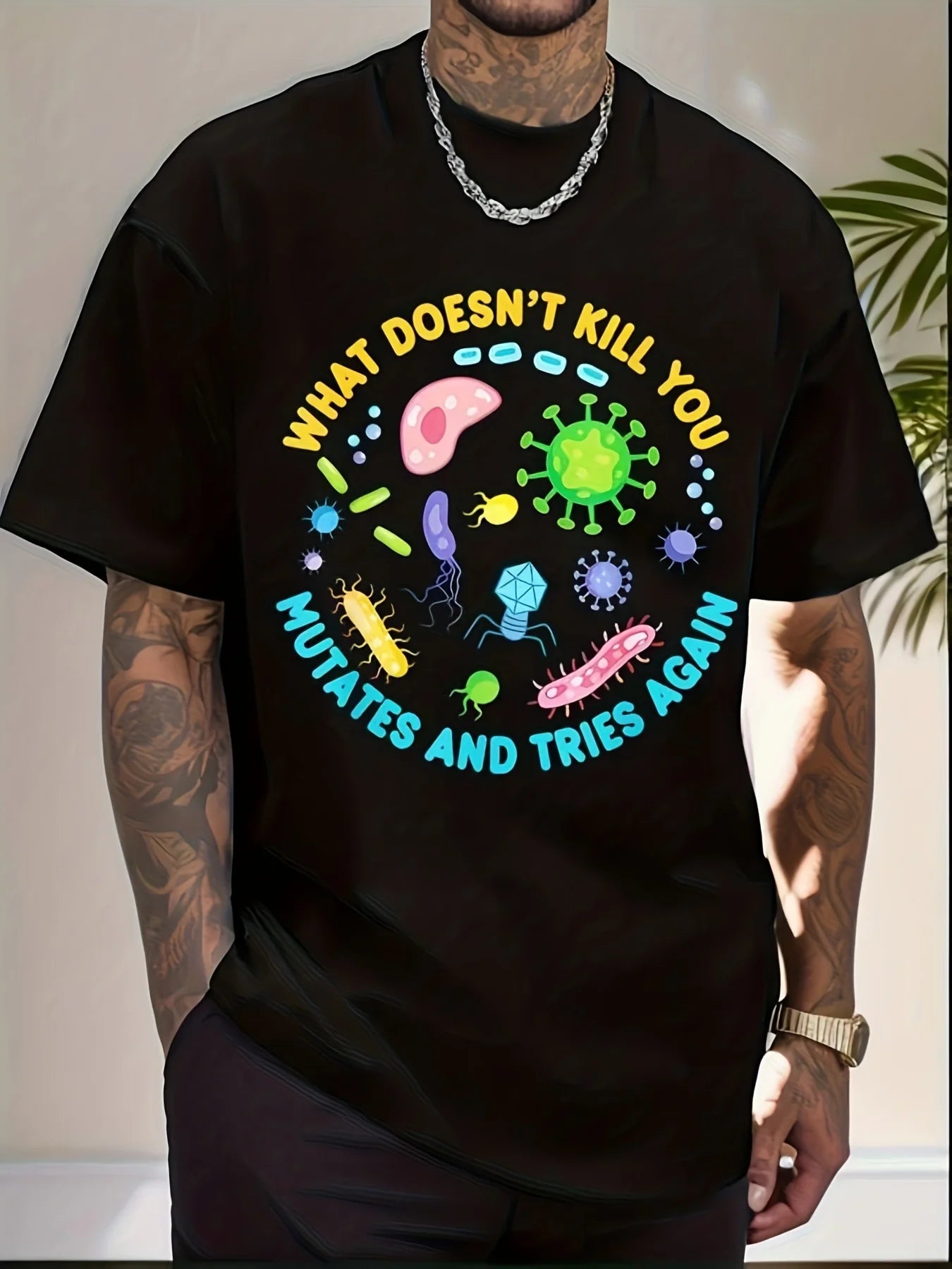 Men'S Funny Biology T-Shirt - "What Doesn'T Mutate And Try Again" Virus Graphic - Large L (3XL/4XL/5XL) - Heavyweight 220Gsm Science Humor Tee - Funny Biology Gifts for Scientists, Students, Virus Warriors - Everyday Casual Shirt for Biology