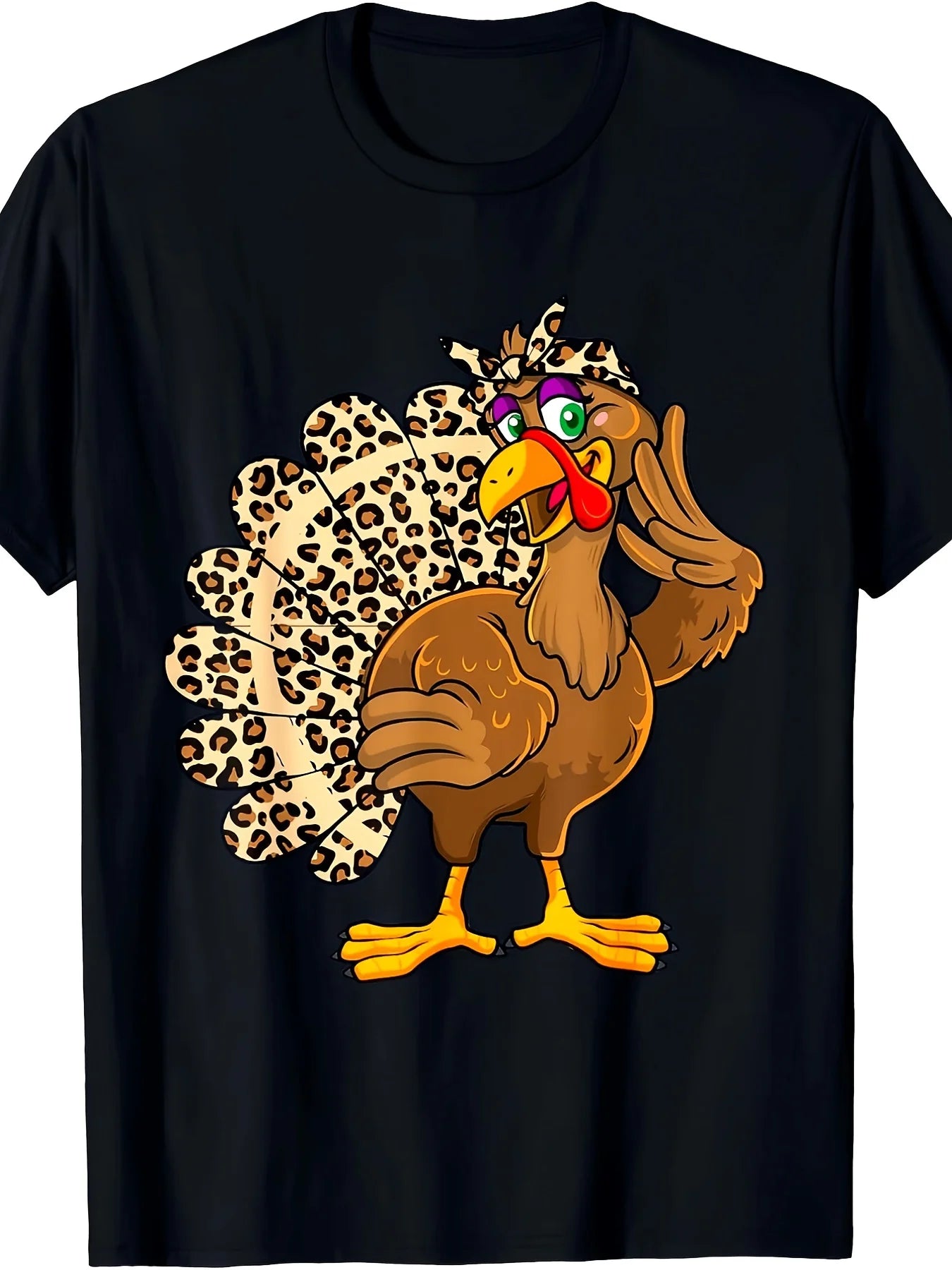 Men'S Thanksgiving Turkey Graphic T-Shirt with Leopard Print Feathers - 100% Short Sleeve Crew Neck, Machine Washable Casual Autumn Top, Playful Holiday Design for Year-Round Comfort, Classic Retro Style, Round Neck Short Sleeves, Machine Washable