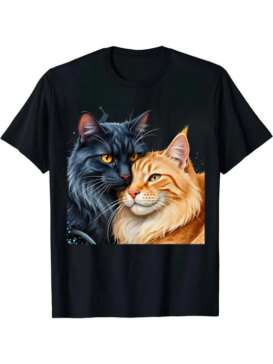 Trendy Men's Black Graphic T-Shirt Black Cat Orange Tabby Duo Portrait Whisker Detail Pet Lover Retro Graphic 100% Cotton Heavyweight Short Sleeve Casual Streetwear Tee