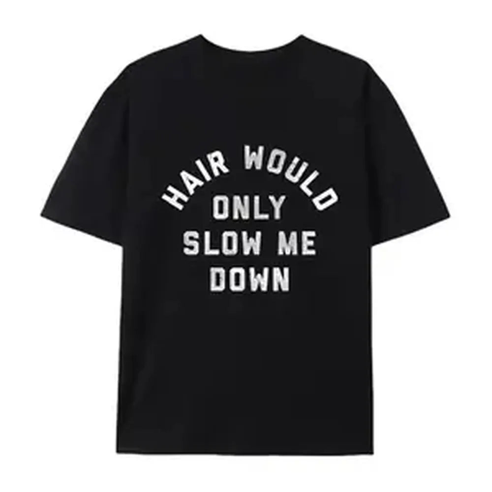 "Hair Would Only Slow Me Down" Funny Bald Humor Round Neck Tops - Block Core Threads Smooth Seamless Fabric Soft Cotton Casual Self-Love Apparel, USA-Made Confident Vibes Streetwear for Men Women