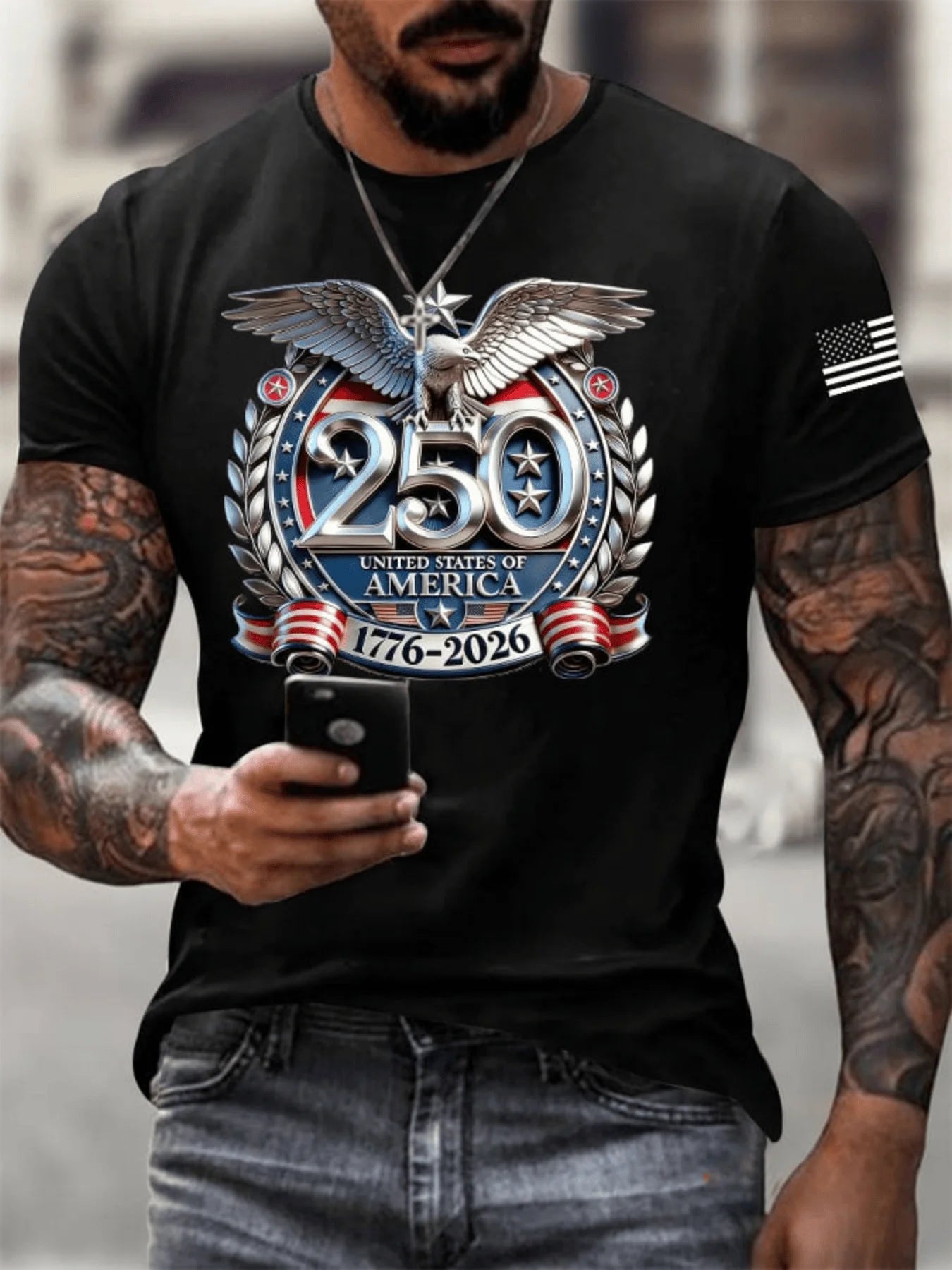 [Eagle Print T-Shirt] Men's Casual Sports Short Sleeve T-Shirt, USA 250th Anniversary Eagle Pattern Print, Regular Fit, Polyester Fabric, Machine Washable, Not Dry Cleanable, Suitable for Daily Casual Sports Wear, PLUS SIZE