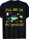 Vintage Men's Black Graphic T-Shirt Gardening Wheelbarrow Flowers Birdhouse Gloves Sun Hat I'Ll Be in My Office Funny Garden Quote Print 100% Cotton Heavyweight Short Sleeve Casual Streetwear Tee