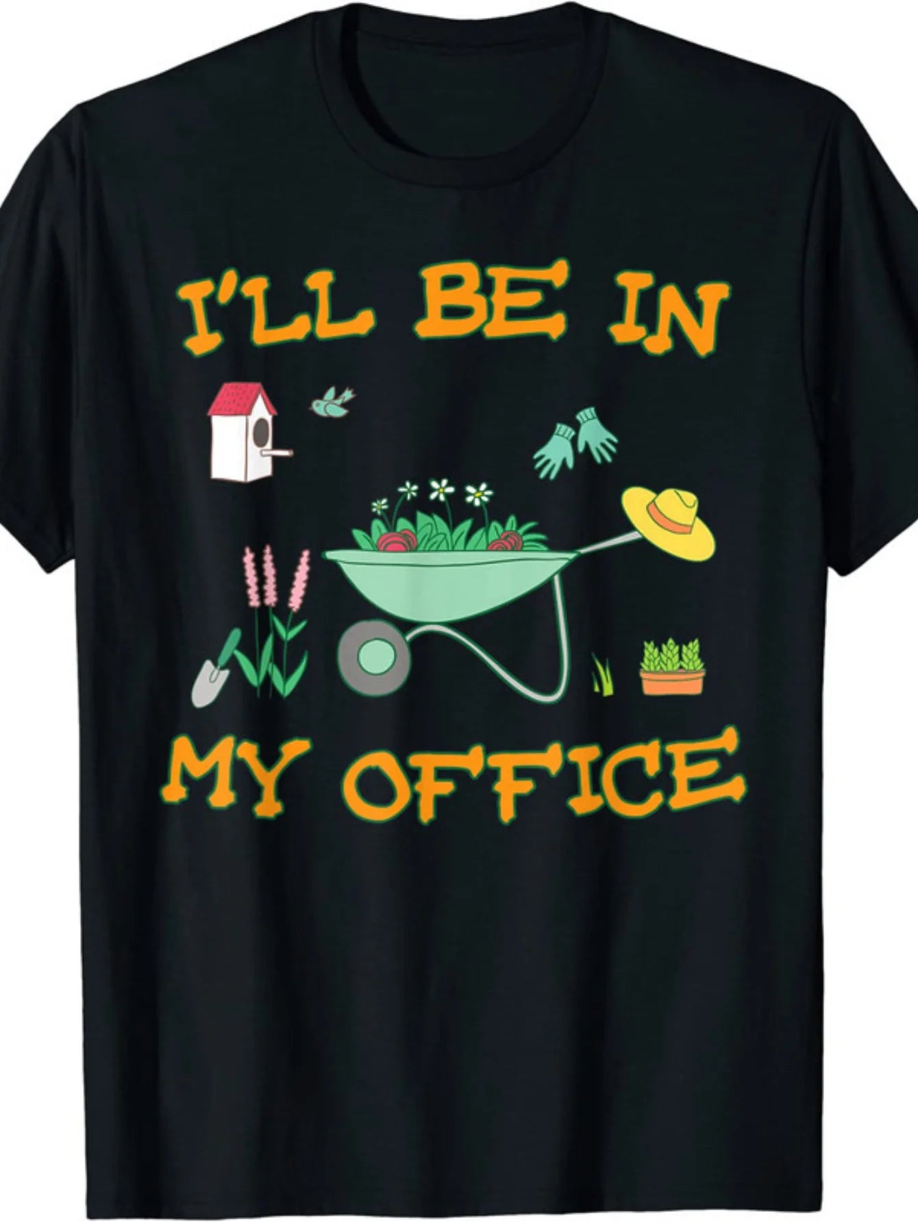 Vintage Men's Black Graphic T-Shirt Gardening Wheelbarrow Flowers Birdhouse Gloves Sun Hat I'Ll Be in My Office Funny Garden Quote Print 100% Cotton Heavyweight Short Sleeve Casual Streetwear Tee