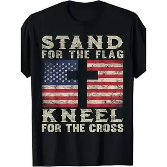 Cotton MENChristian Patriotic "Stand For The Flag Kneel For The Cross" T-Shirt - Distressed American Flag & Cross Design, Golf Gift T-Shirt For Men And Women