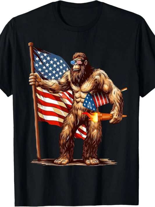 Plus Size Men'S 4Th of July Patriotic Sasquatch And Fireworks Graphic T-Shirt - Breathable Crew Neck Tee with US Flag Design, Regular Fit Casual Summer Top for Independence Day Celebrations (Black), Classic Crew Neck, Comfortable Tshirt