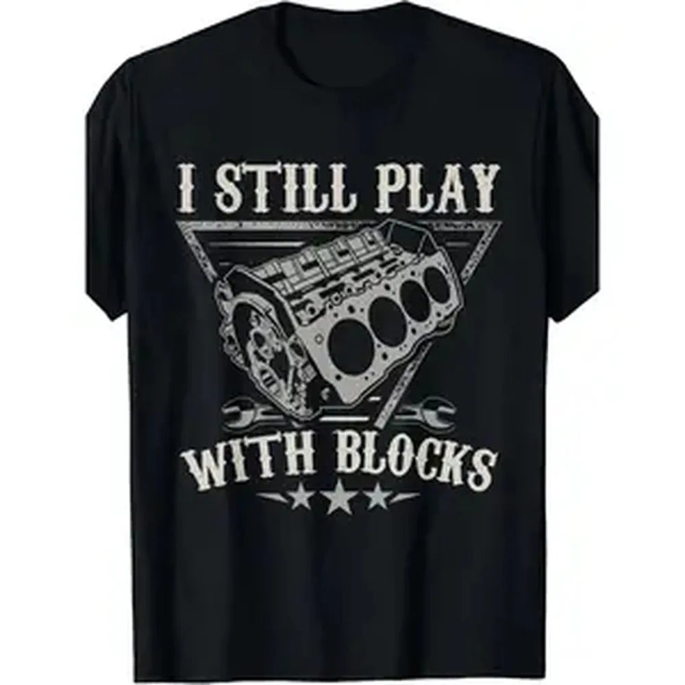 Men's Short-Sleeve Crew Neck Sports Top - Lightweight, Loose Fit, Smooth, Soft, Seamless, Machine Washable, Foldable, I Still Play With Blocks Car Mechanic Motor Engine Graphic, Grey, Green