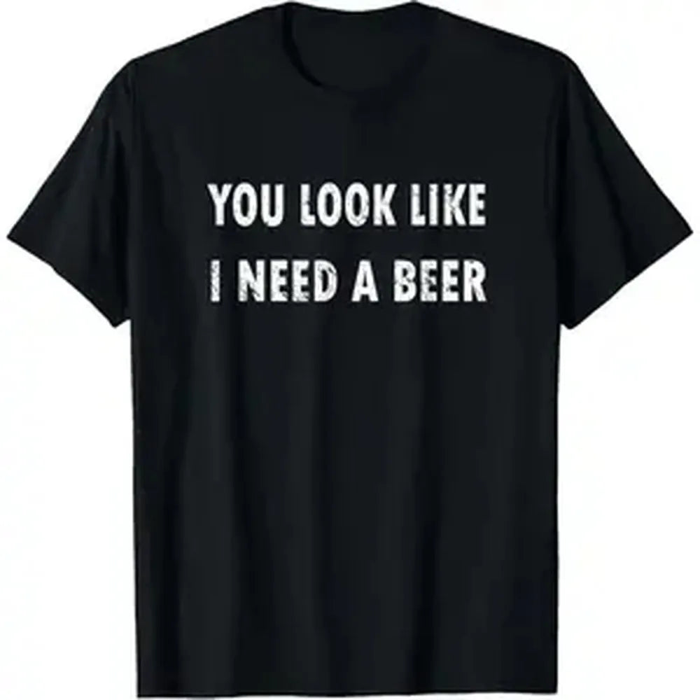 Male 100% Cotton Short Sleeve Round Neck Sports Top - Smooth Fabric, Seamless, Soft, Breathable, Casual Loose Fit, Graphic Print, All Seasons Casual Wear with Funny "You Look Like I Need A Beer" Drinking Graphic