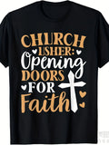 Church Usher Opening Doors for Faith Graphic Print T ShirtGift Casual Vacation Party Sports Fashion T-shirt Summer Short Sleeved Printed
