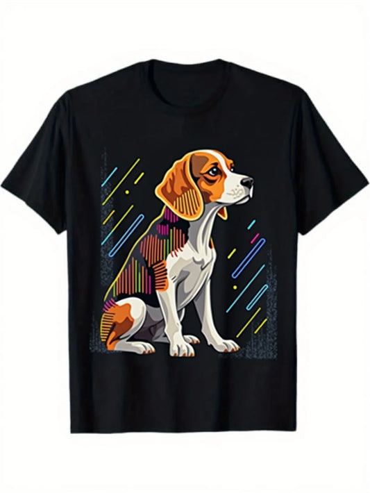 Trendy Men's Black Graphic T-Shirt Beagle Dog Colorful Line Art Neon Stripe Retro Pet Portrait Illustration 100% Cotton Heavyweight Short Sleeve Casual Streetwear Tee