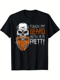 1 Beard Skull Pattern T-shirt - Soft, Men's Round Neck Short Sleeve - Casual Streetwear with Bold Orange and White Prints, Suitable for All Seasons | Bold Skull Prints | Comfortable Fit