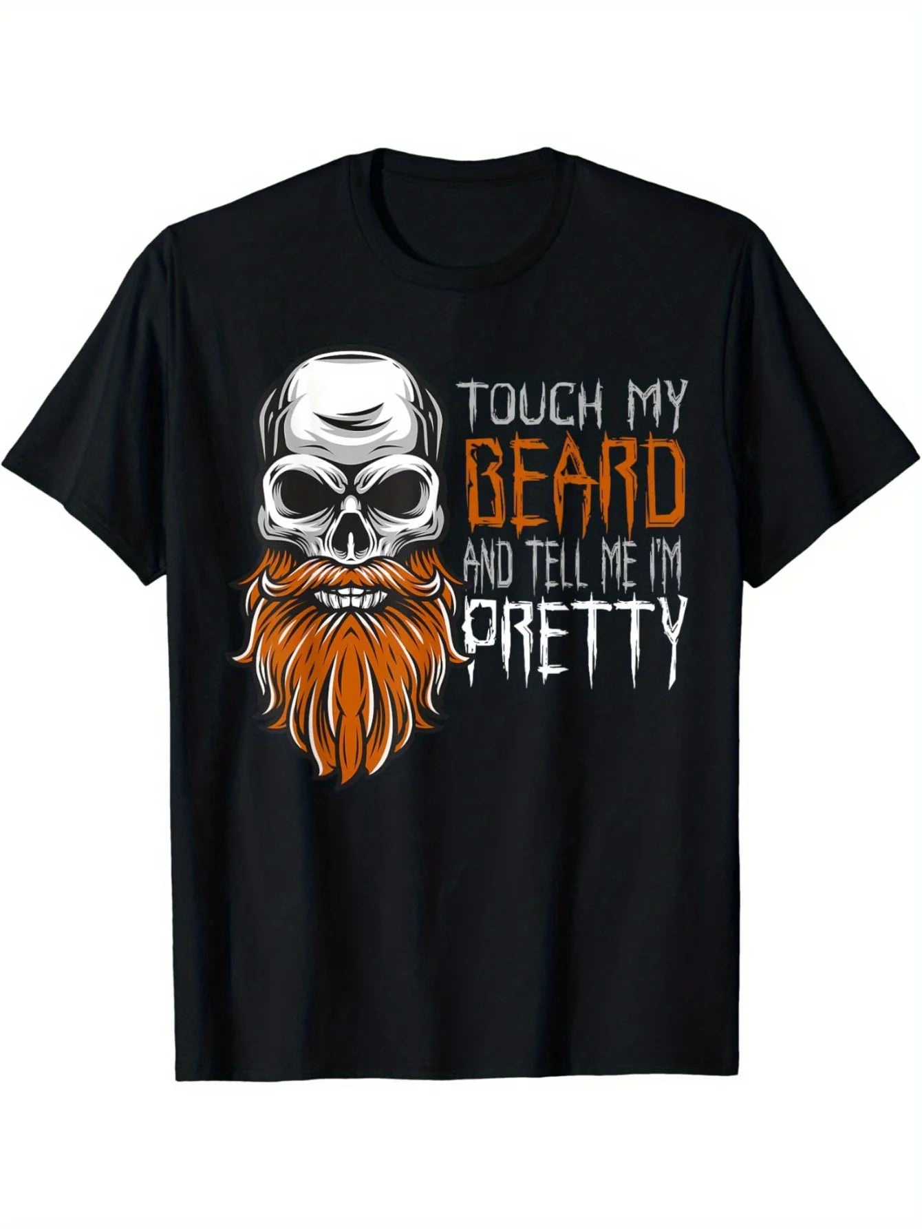 1 Beard Skull Pattern T-shirt - Soft, Men's Round Neck Short Sleeve - Casual Streetwear with Bold Orange and White Prints, Suitable for All Seasons | Bold Skull Prints | Comfortable Fit