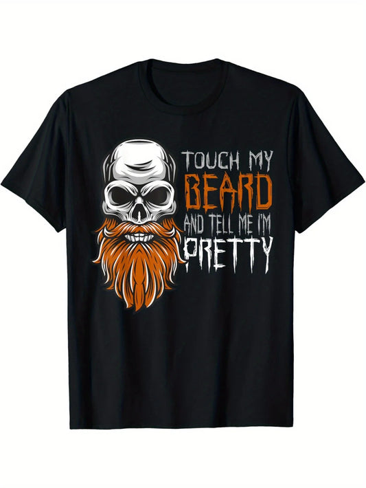 1 Beard Skull Pattern T-shirt - Soft, Men's Round Neck Short Sleeve - Casual Streetwear with Bold Orange and White Prints, Suitable for All Seasons | Bold Skull Prints | Comfortable Fit