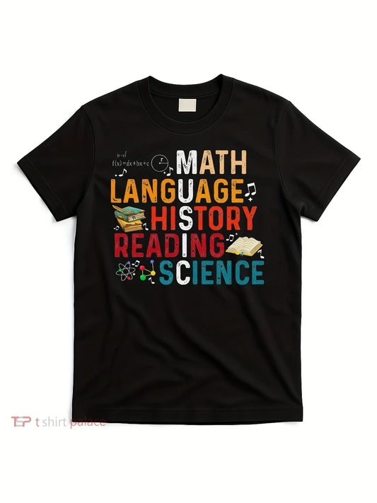 Trendy Men's Black Graphic T-Shirt Math Language History Reading Science Books Formula Music Notes Atom Colorful Typography 100% Cotton Heavyweight Short Sleeve Casual Streetwear Tee
