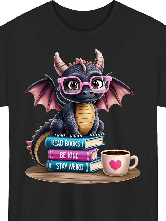 Adorable T-Shirt for Men And Women Featuring a Cute Dragon Reading - Comfortable Black Tee with a Round Neck And Short Sleeves, Perfect for Book Lovers And Fantasy Enthusiasts, Plus Size