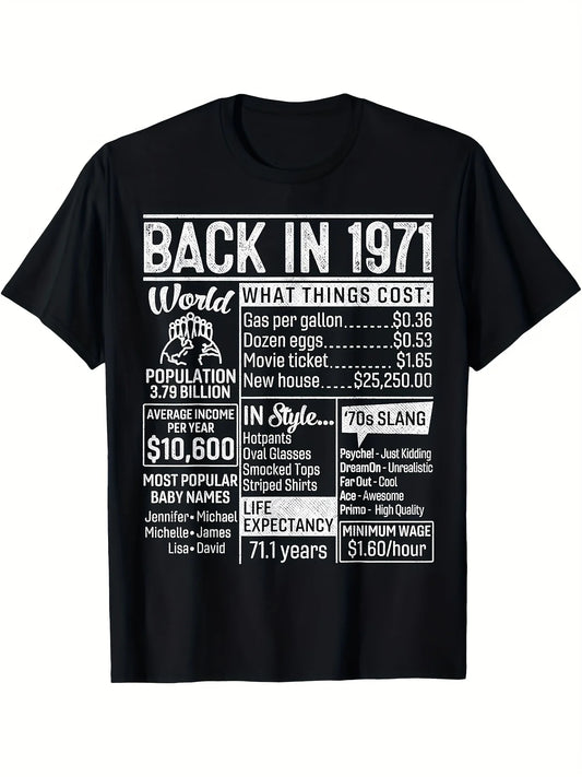 Vintage 1971 T-Shirt - Retro 70s Music & Pop Culture Short Sleeve Crew Neck Tee Suitable for All Seasons, Regular Fit Casual Shirt with Nostalgic Print, Machine Washable Gift for 50th Birthday or for and Exercising Comfortable, for Teenager