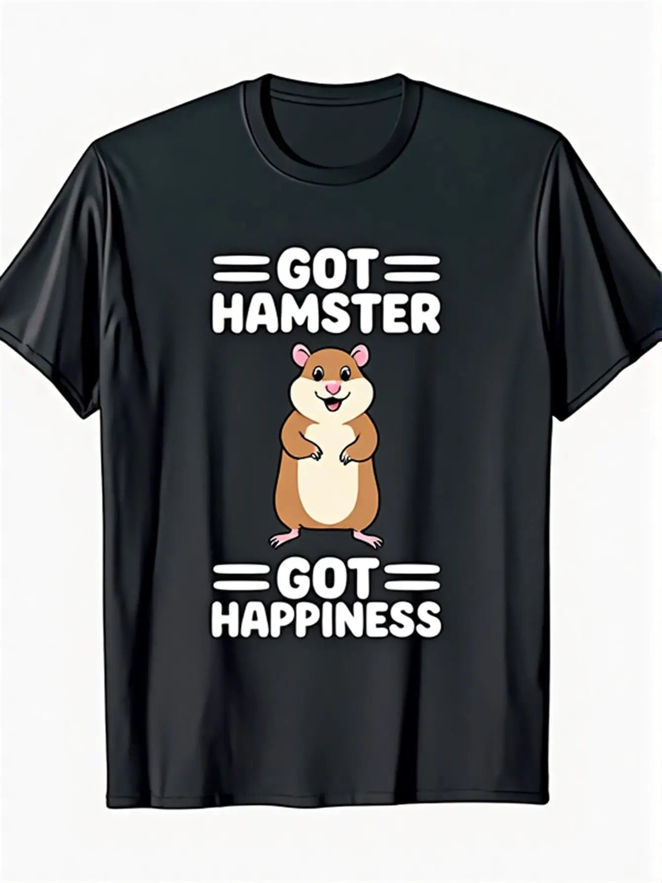 Funny Men's Black Graphic T-Shirt Hamster Cartoon Got Hamster Got Happiness Bold Letter Slogan Animal Lover Print 100% Cotton Heavyweight Short Sleeve Casual Streetwear Tee