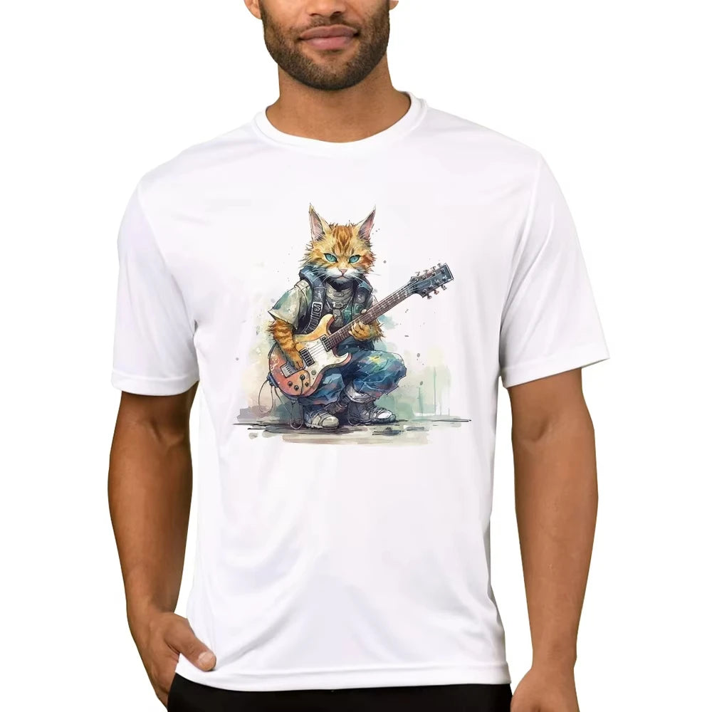 HOT SALE Vintage Cat Play Guitar Men T-Shirt Fashion Streetwear Short Sleeve T Shirts Hipster Music Tee Cool Tops Music Lover
