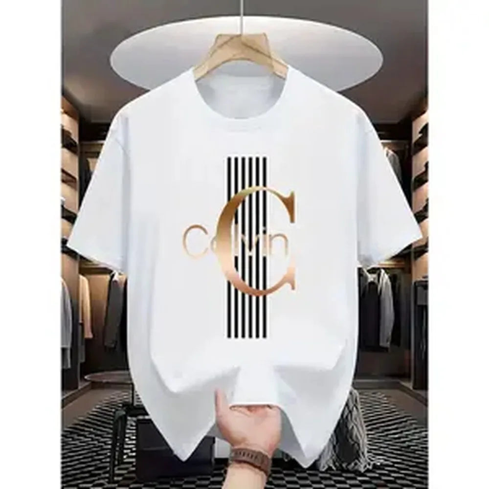 Men'S Casual Calvin Graphic T-Shirt - Bold Letter Print with Black Stripes & Golden Accents, Breathable Round Neck Summer Streetwear, Machine Washable, Comfortable Everyday Fashion Tee, Everyday Tshirt|Bold Letter Print|Comfortable Fit, T Shir Cotton