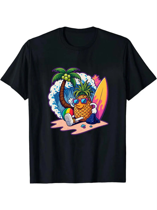 Trendy Men's Black Graphic T-Shirt Pineapple Sunglasses Surfboard Palm Tree Beach Wave Tropical Vacation Cartoon Print 100% Cotton Heavyweight Short Sleeve Casual Streetwear Tee