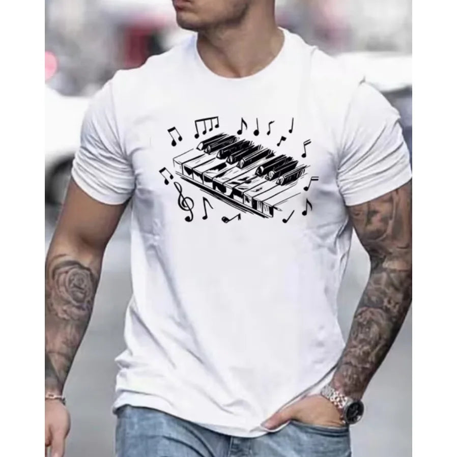 Men's Piano Music Note Print T-Shirt Casual Crew Neck Short Sleeve Cotton Tee for Music Lovers Streetwear