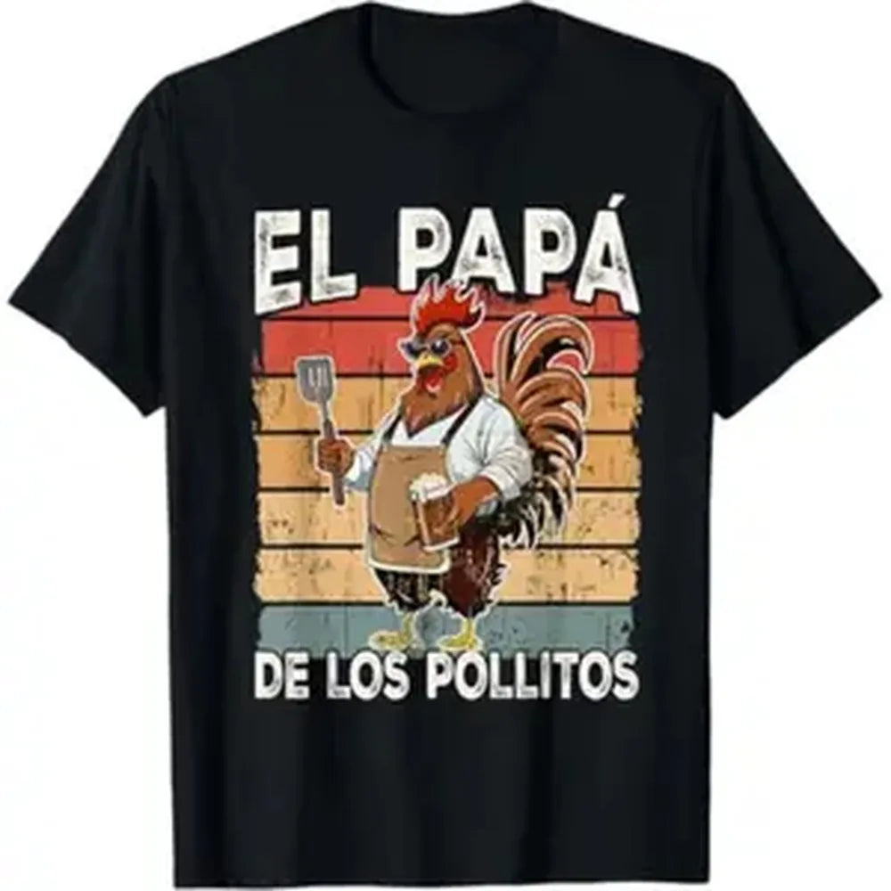 Men's Casual Cotton T-Shirt - Smooth, Seamless, Soft Fabric, Funny The Chicken Papa Spanish Father's Day Sports Top